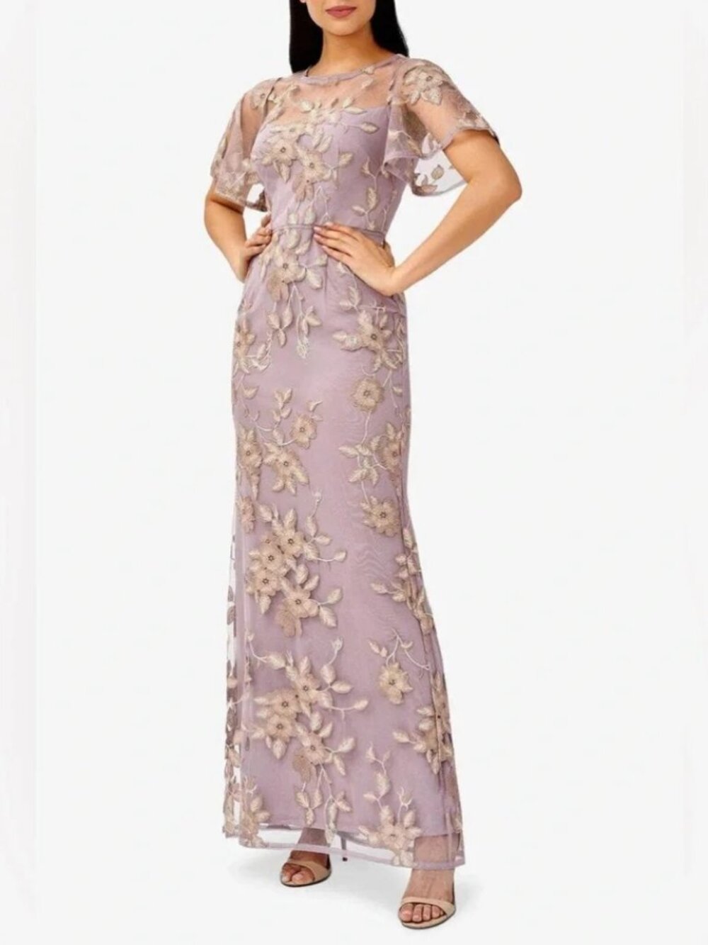 Adrianna Papell Metallic Floral Embroidered Illusion Long Gown Size 6 * Hemmed